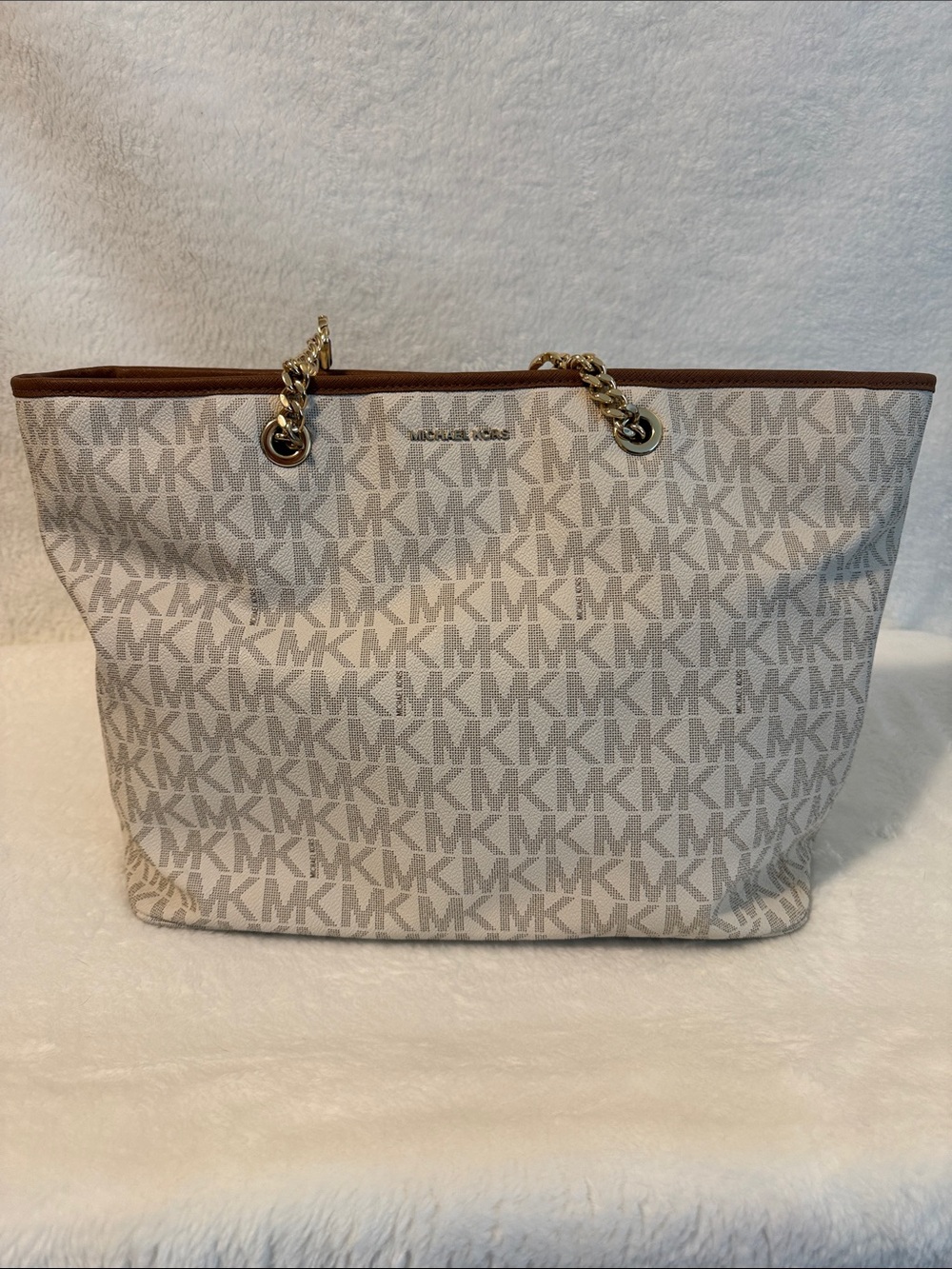 Michael Kors Cream and Brown MK Logo Chain-Handle Tote
